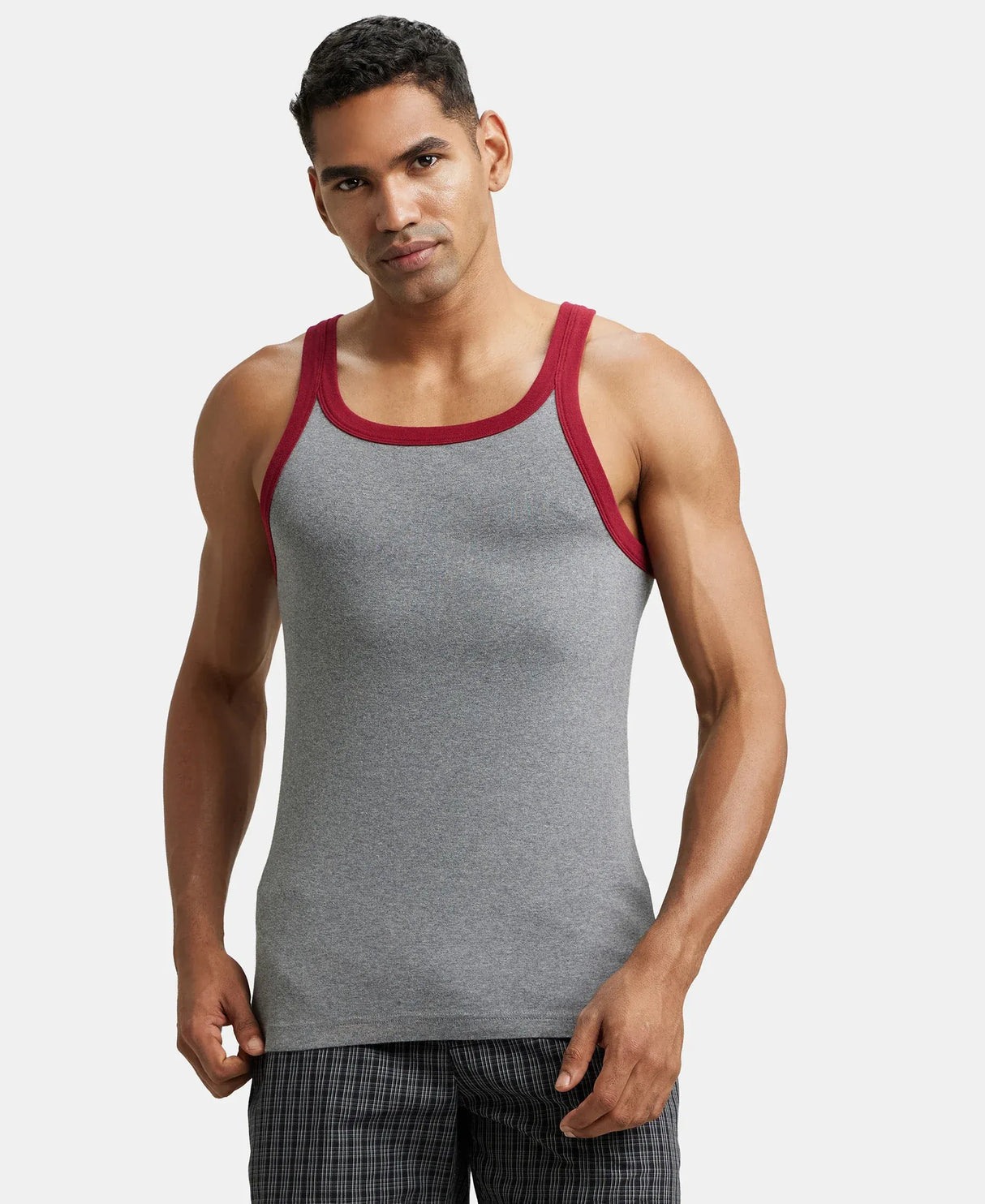 Super Combed Cotton Rib Square Neck Gym Vest #US27 - Mid Grey Mel & Reflecting Pond