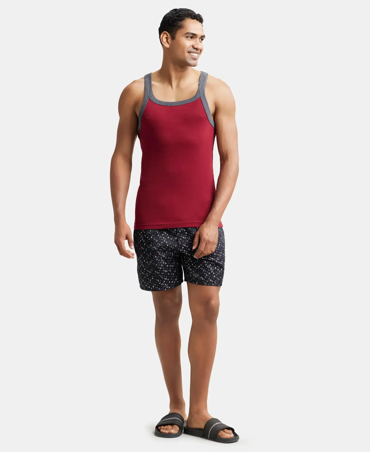 Super Combed Cotton Rib Square Neck Gym Vest #US27 -Red Pepper With Assorted Bias