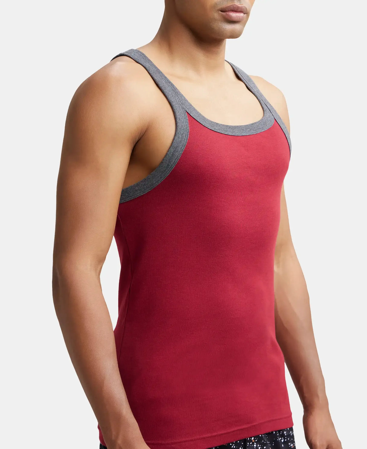 Super Combed Cotton Rib Square Neck Gym Vest #US27 -Red Pepper With Assorted Bias