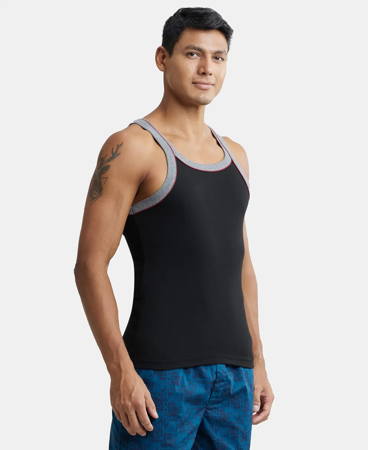 Super Combed Cotton Rib Square Neck Gym Vest with Graphic Print #US54