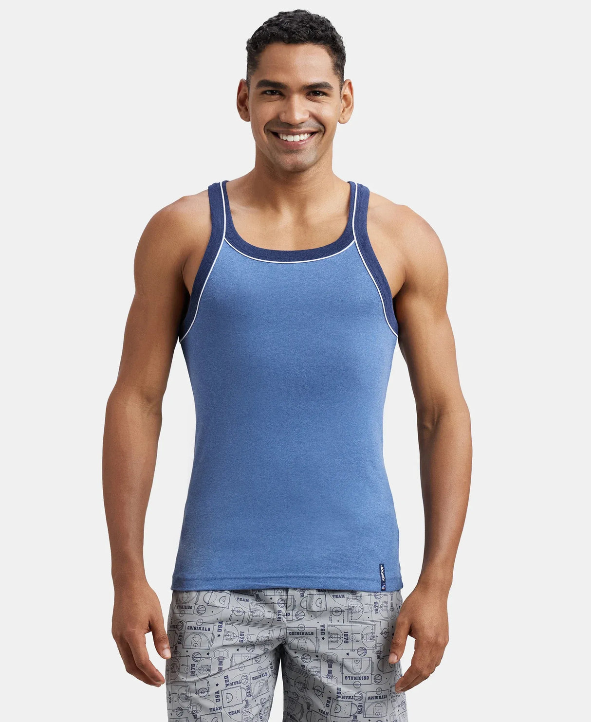 Super Combed Cotton Rib Square Neck Gym Vest with Graphic Print #US54 - Light Denim Melange