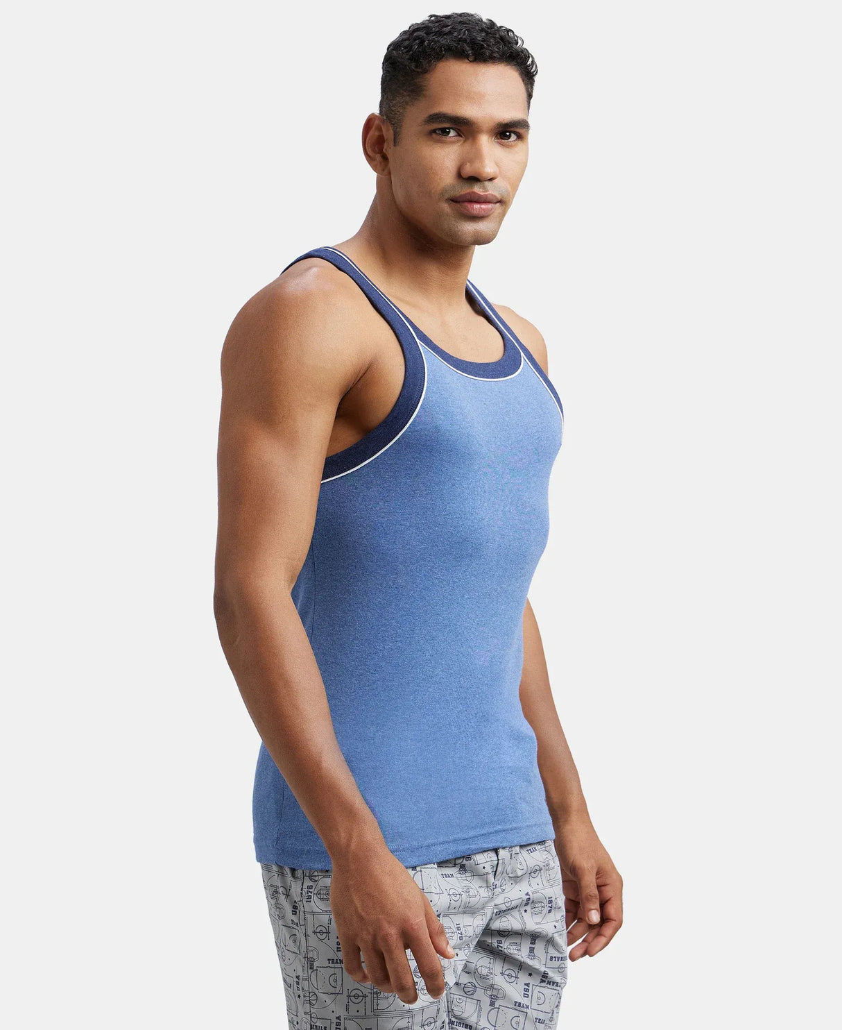 Super Combed Cotton Rib Square Neck Gym Vest with Graphic Print #US54 - Light Denim Melange