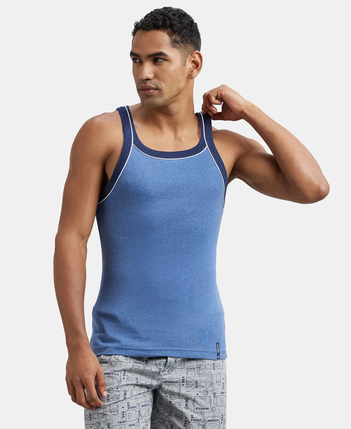 Super Combed Cotton Rib Square Neck Gym Vest with Graphic Print #US54 - Light Denim Melange