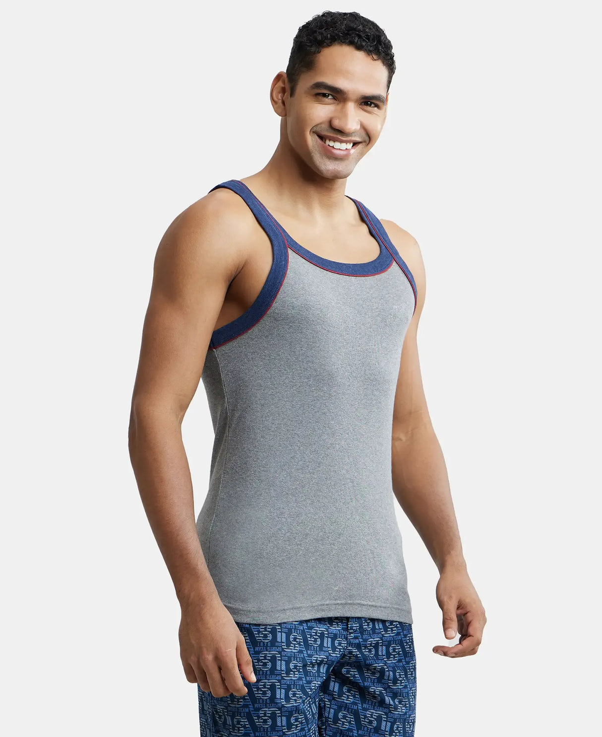 Super Combed Cotton Rib Square Neck Gym Vest with Graphic Print #US54 - Grey Melange & Ink Blue