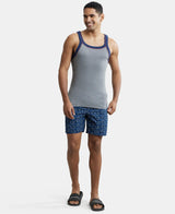 Super Combed Cotton Rib Square Neck Gym Vest with Graphic Print #US54 - Grey Melange & Ink Blue