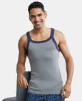 Super Combed Cotton Rib Square Neck Gym Vest with Graphic Print #US54 - Grey Melange & Ink Blue