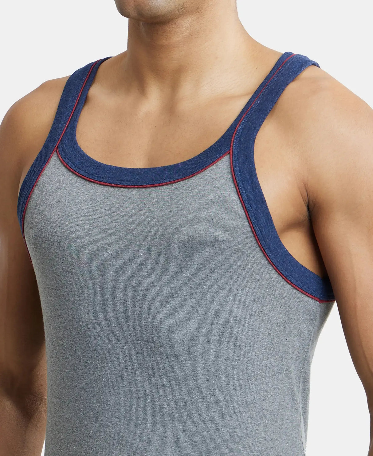 Super Combed Cotton Rib Square Neck Gym Vest with Graphic Print #US54 - Grey Melange & Ink Blue