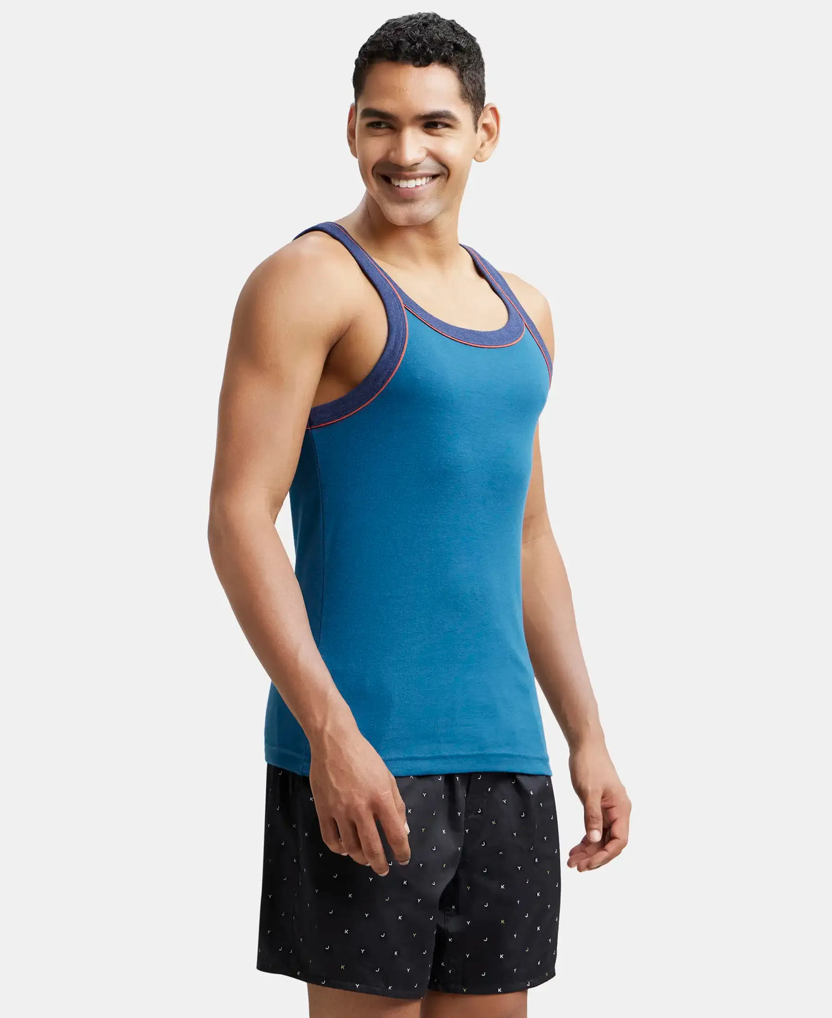 Super Combed Cotton Rib Square Neck Gym Vest with Graphic Print #US54 - Seaport Teal