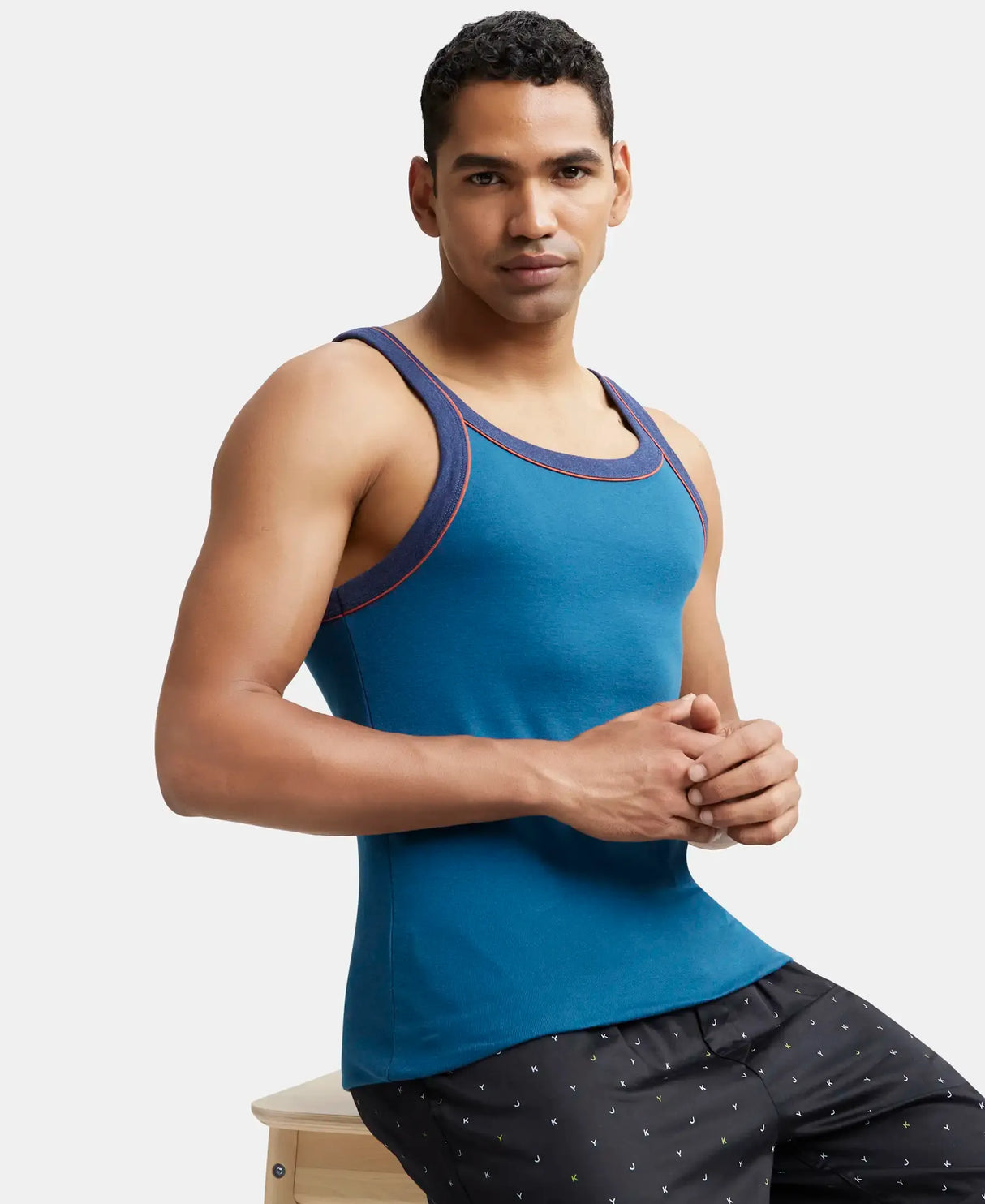 Super Combed Cotton Rib Square Neck Gym Vest with Graphic Print #US54 - Seaport Teal