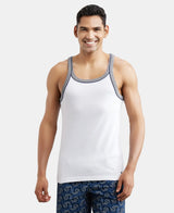 Super Combed Cotton Rib Square Neck Gym Vest with Graphic Print #US54 - White