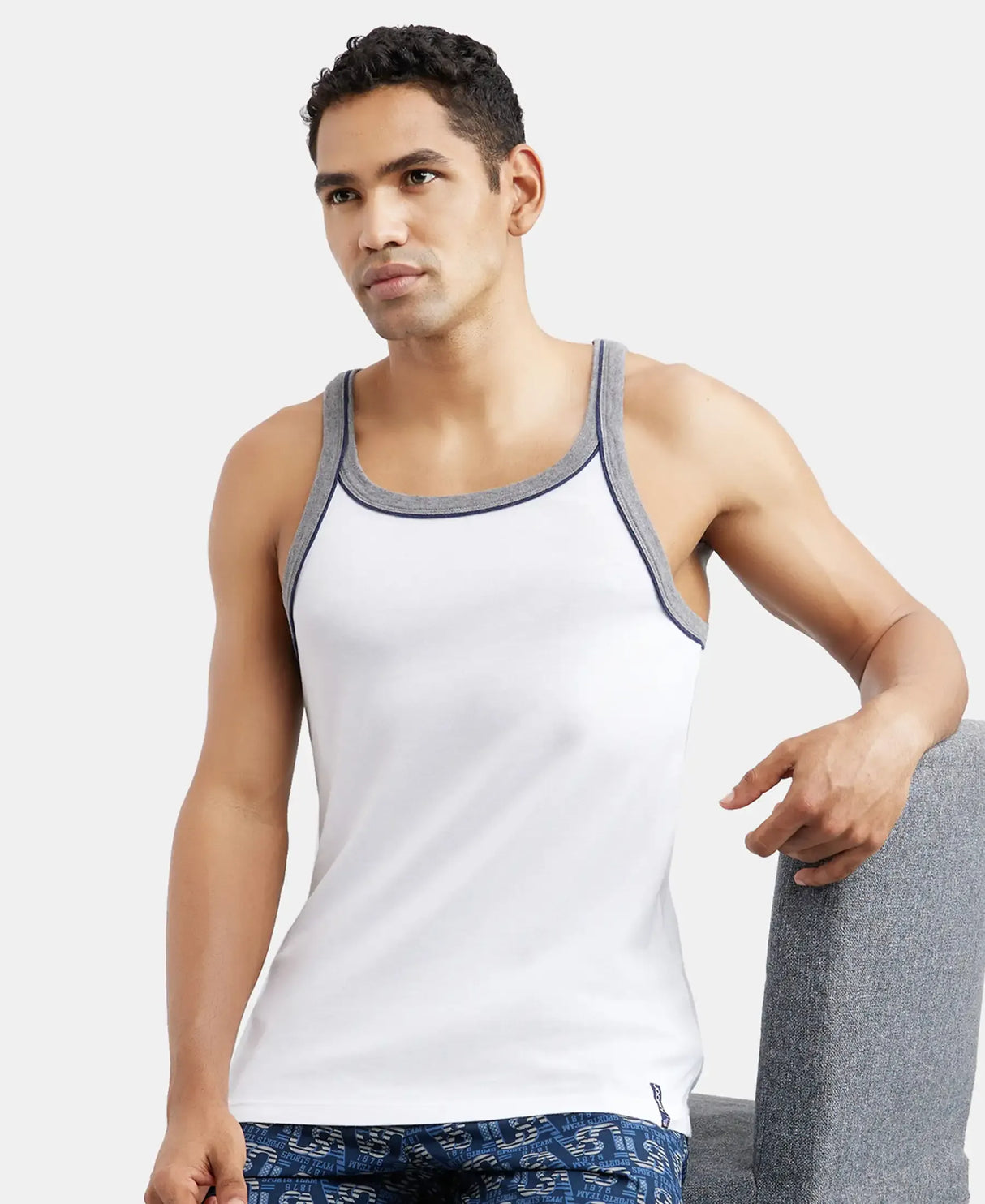 Super Combed Cotton Rib Square Neck Gym Vest with Graphic Print #US54 - White