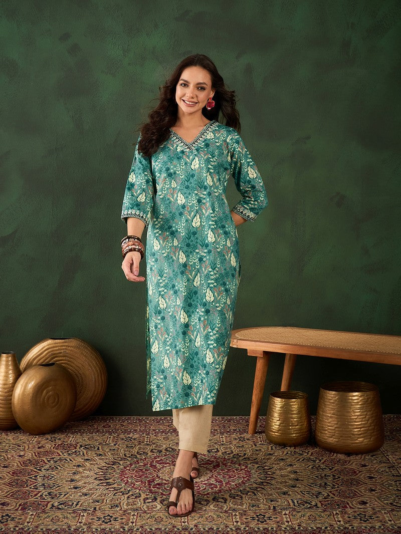 Cotton Printed Cad Embroidery Straight Kurti