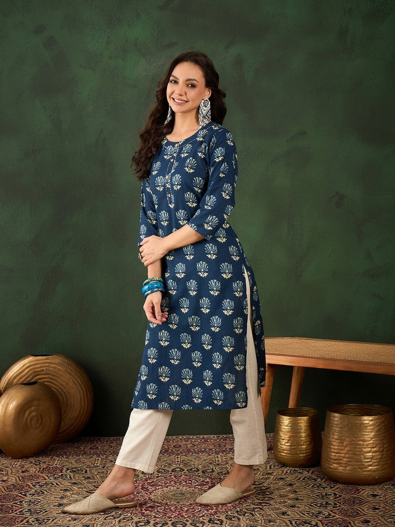 Cotton Printed Adda Work Straight Kurti