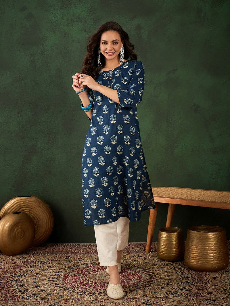 Cotton Printed Adda Work Straight Kurti