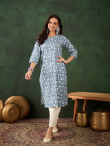 Cotton Printed Adda Work Straight Kurti