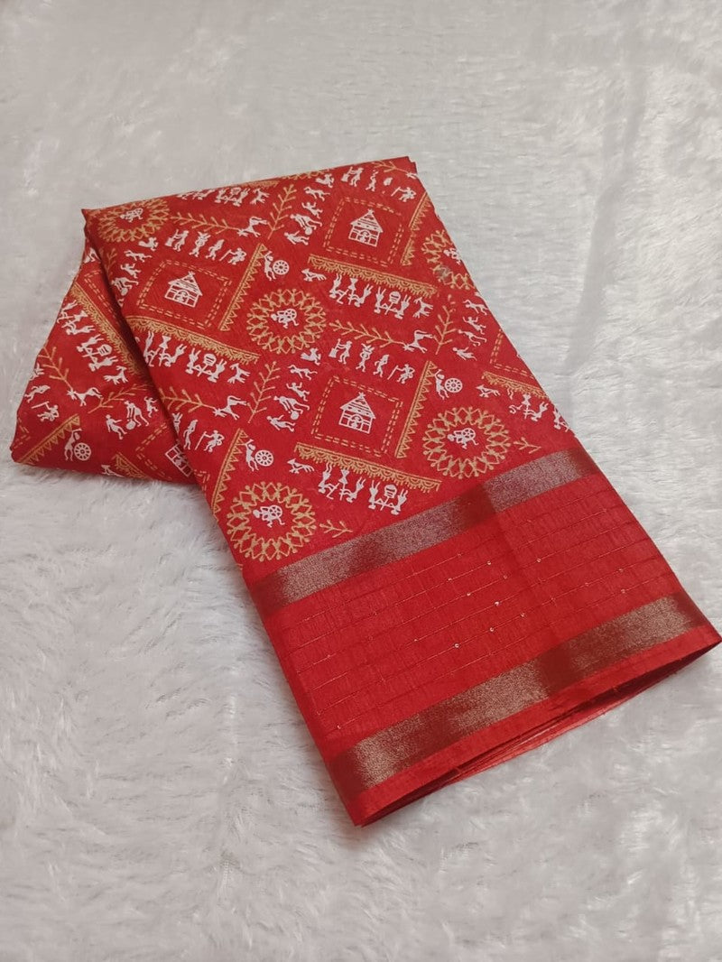 RADHIA - Dola Silk Printed Saree - Red