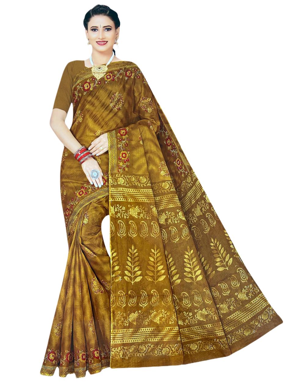 KartZu - Pure Cotton Saree With Blouse Piece - 5.5 Mtrs - Dark Golden