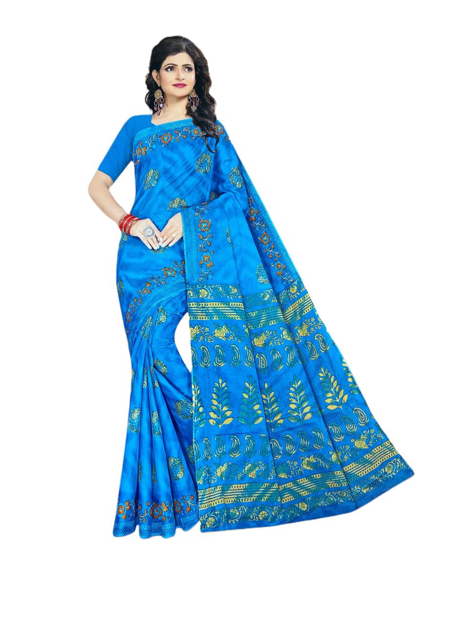 KartZu - Pure Cotton Saree With Blouse Piece - 5.5 Mtrs - Blue