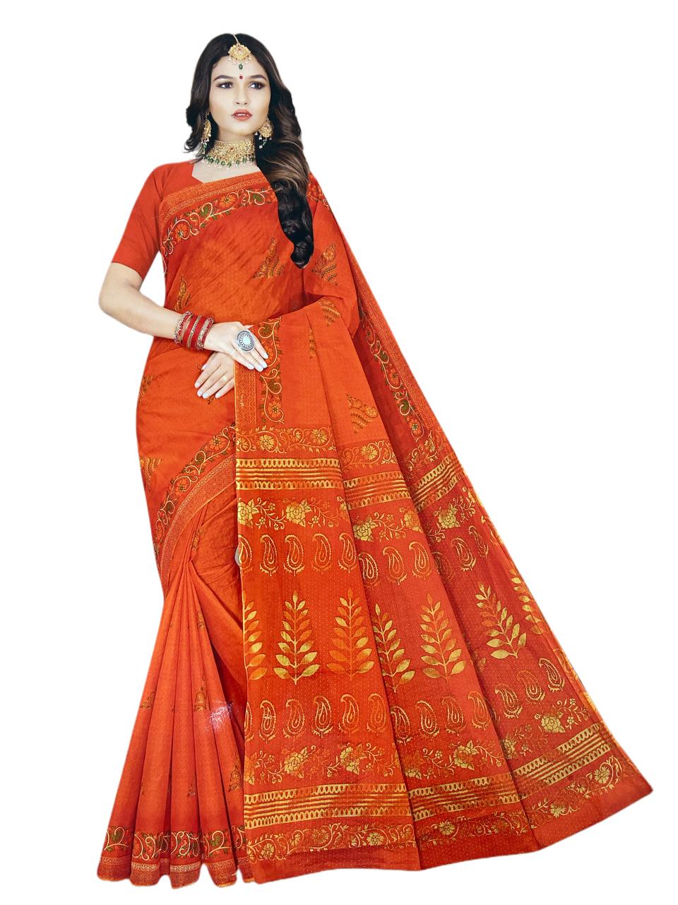 KartZu - Pure Cotton Saree With Blouse Piece - 5.5 Mtrs - Orange