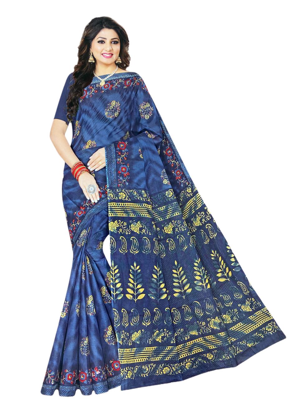 KartZu - Pure Cotton Saree With Blouse Piece - 5.5 Mtrs - Deep Blue