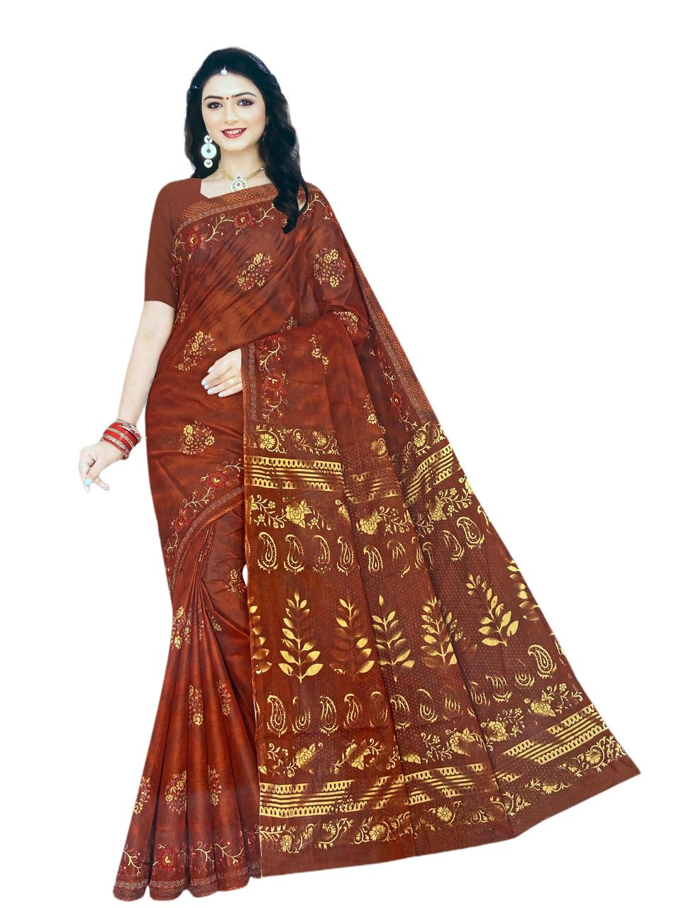 KartZu - Pure Cotton Saree With Blouse Piece - 5.5 Mtrs - Brown