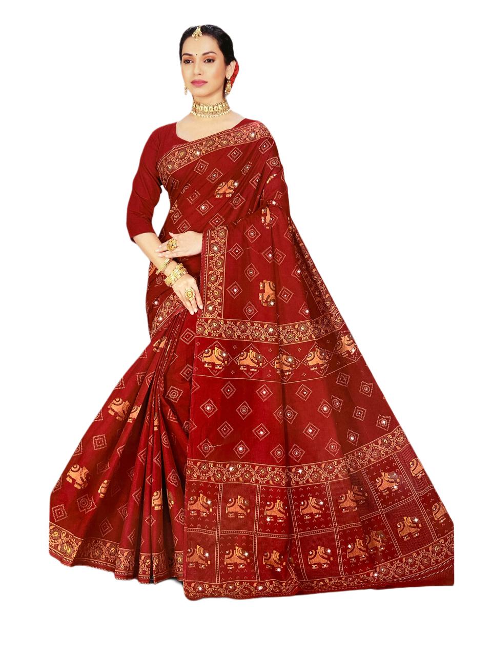 KartZu - Pure Cotton Saree With Printed Border - 5.5 Mtrs - Red