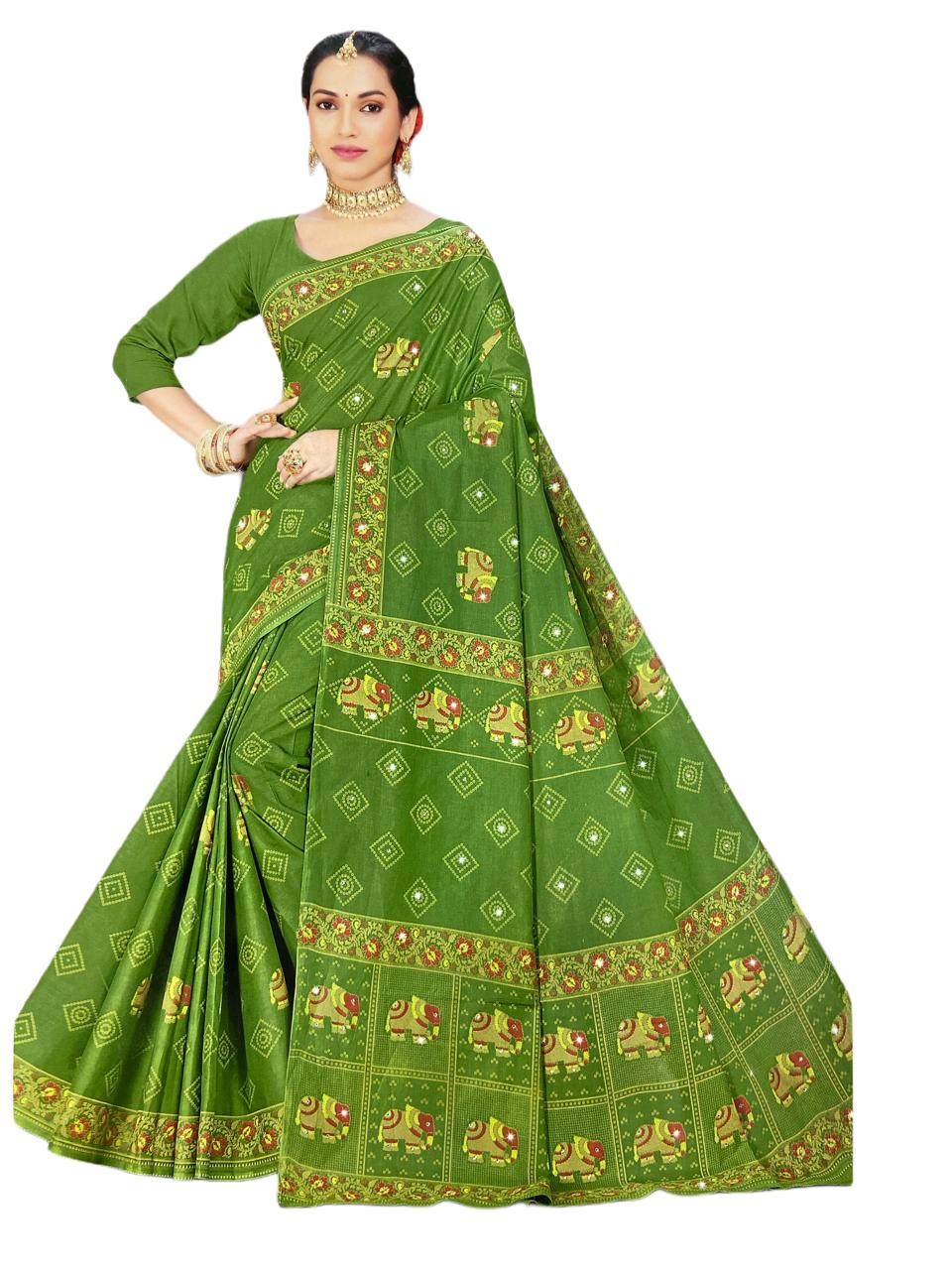 KartZu - Pure Cotton Saree With Printed Border - 5.5 Mtrs - Olive Green