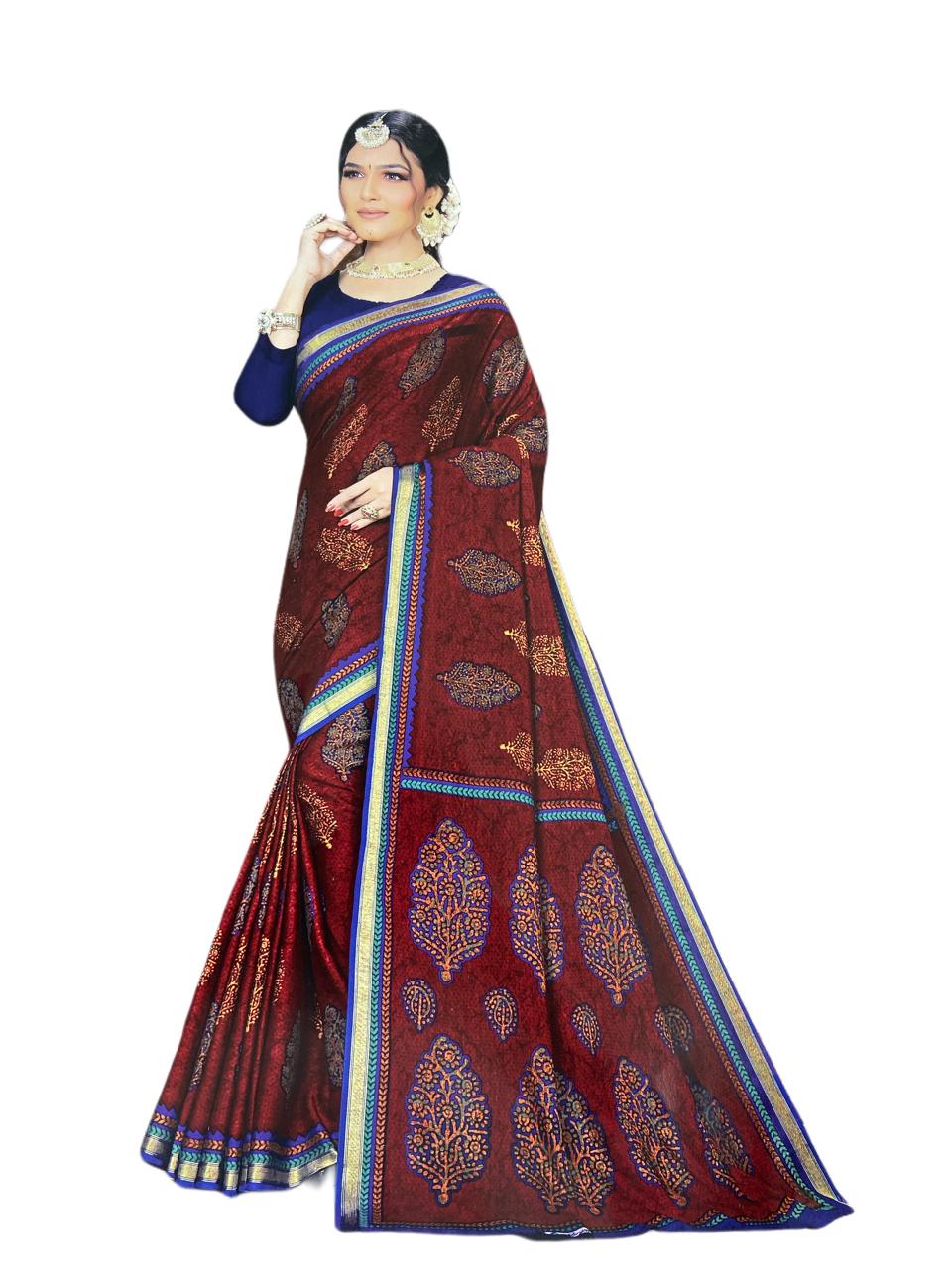 KartZu - Pure Cotton Saree With Border - 5.5 Mtrs - Maroon