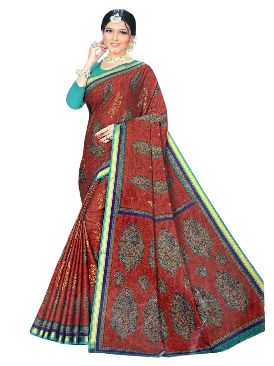 KartZu - Pure Cotton Saree With Border - 5.5 Mtrs - Brown & Teal