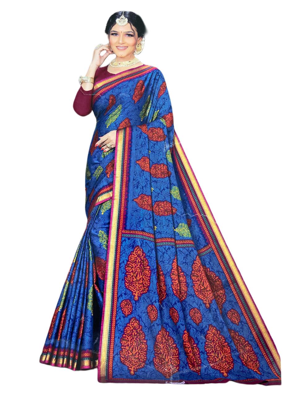 KartZu - Pure Cotton Saree With Border - 5.5 Mtrs - Blue & Maroon