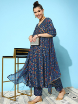 Blue Printed Silk Blend A-Line Kurta With Trousers & Dupatta