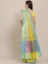 Silk Land - Yellow & Turquoise Blue Ethnic Motifs Zari Art Silk Banarasi Saree