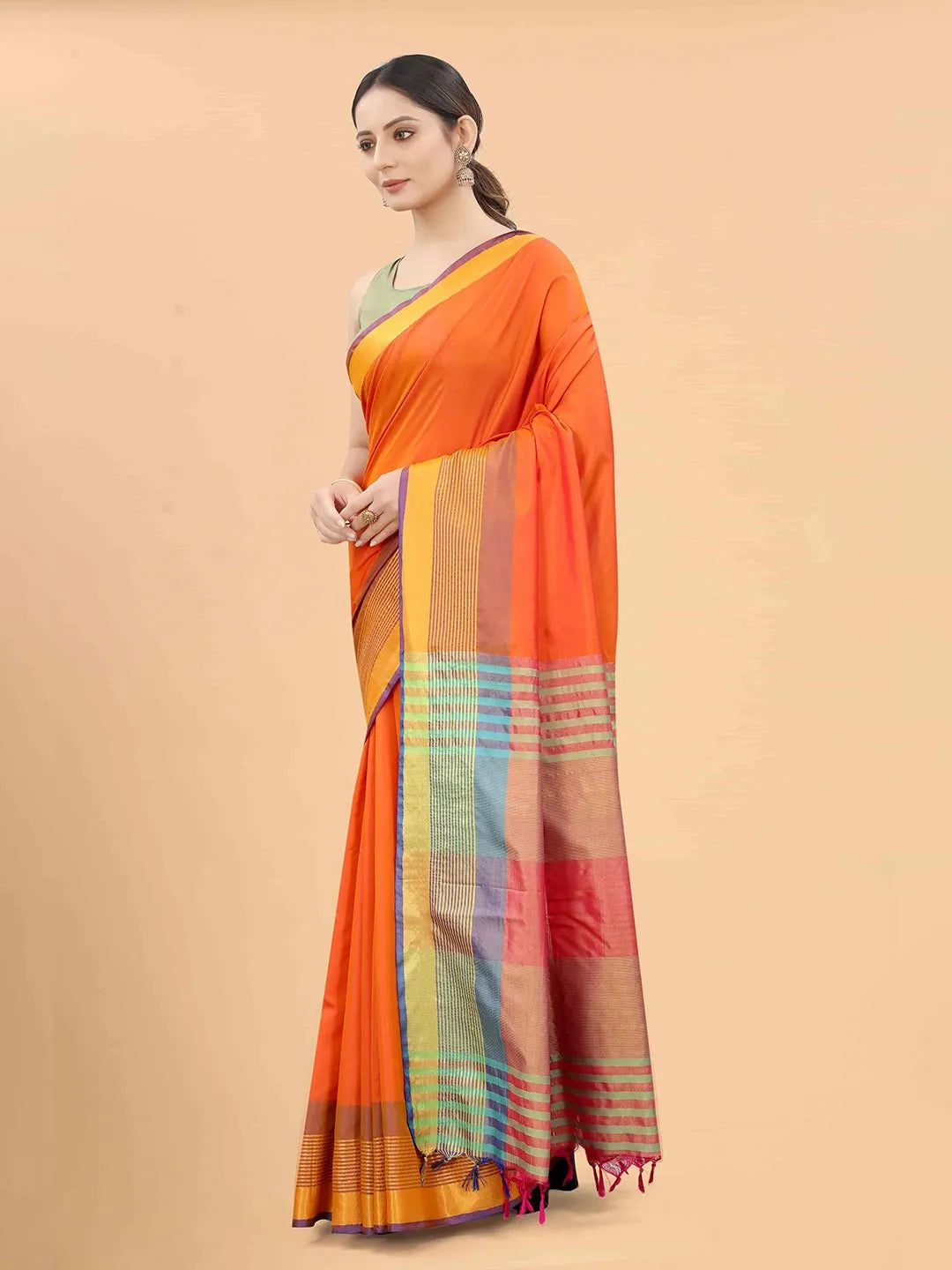 Silk Land - Orange & Blue Zari Art Silk Arani Saree