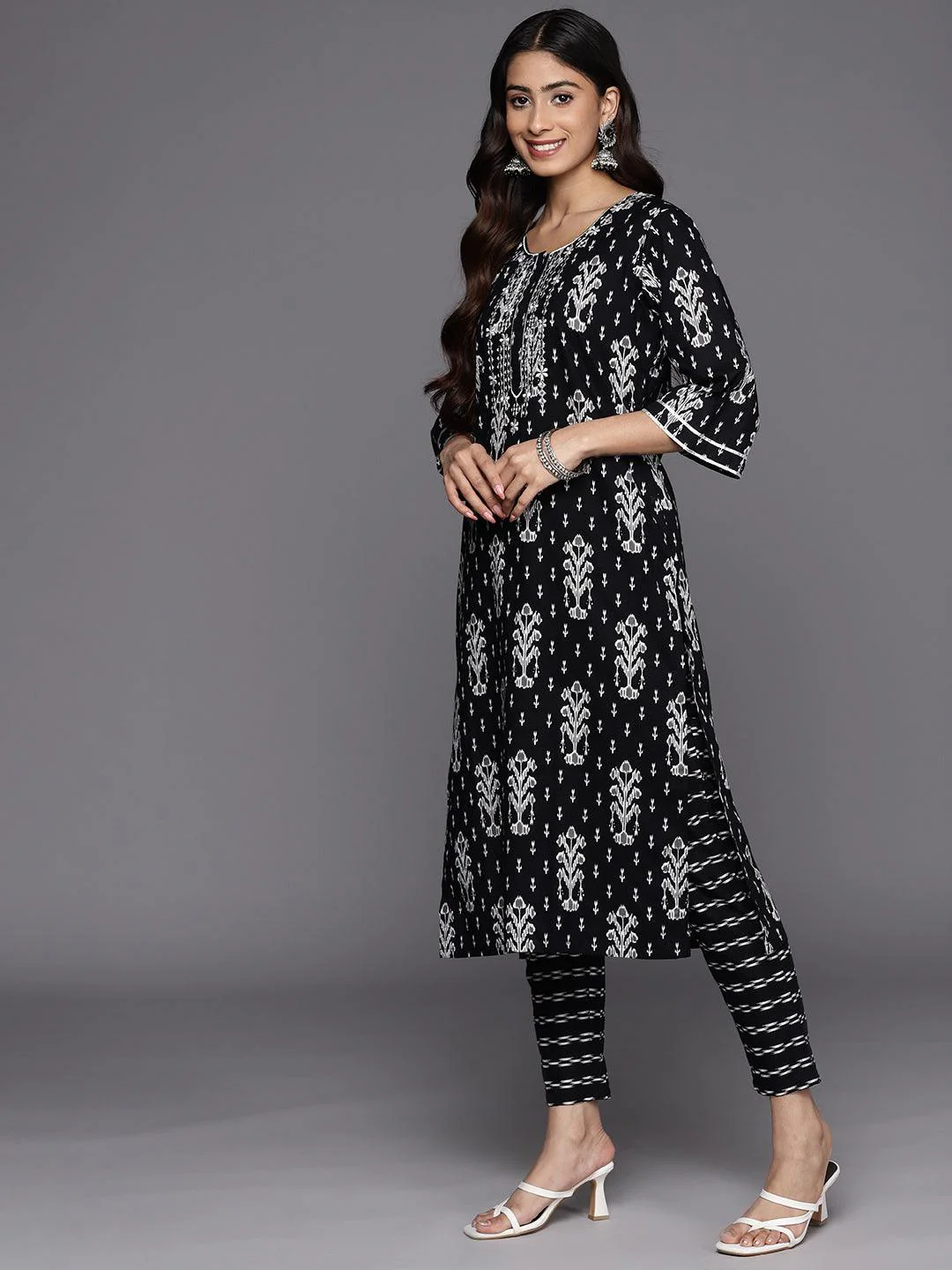 Black Printed Cotton Straight Kurta With Trousers & Dupatta