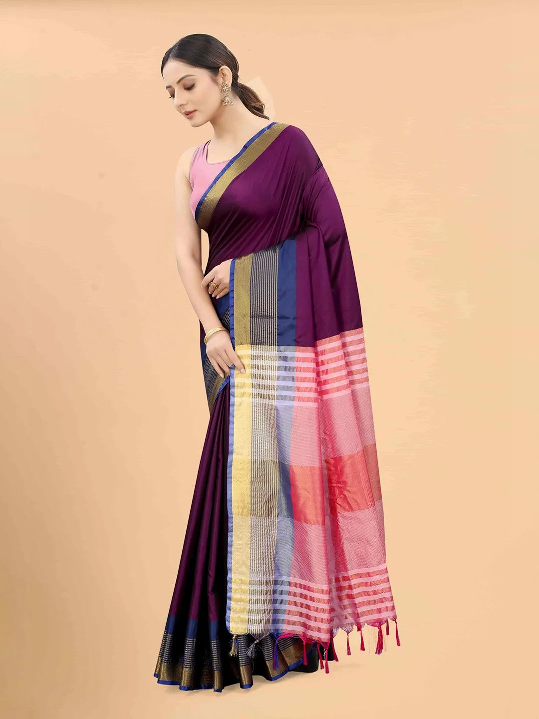 Silk Land - Purple & Pink Zari Art Silk Fusion Arani Saree