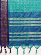 KALINI - Turquoise Blue & Gold-Toned Checked Zari Silk Cotton Saree