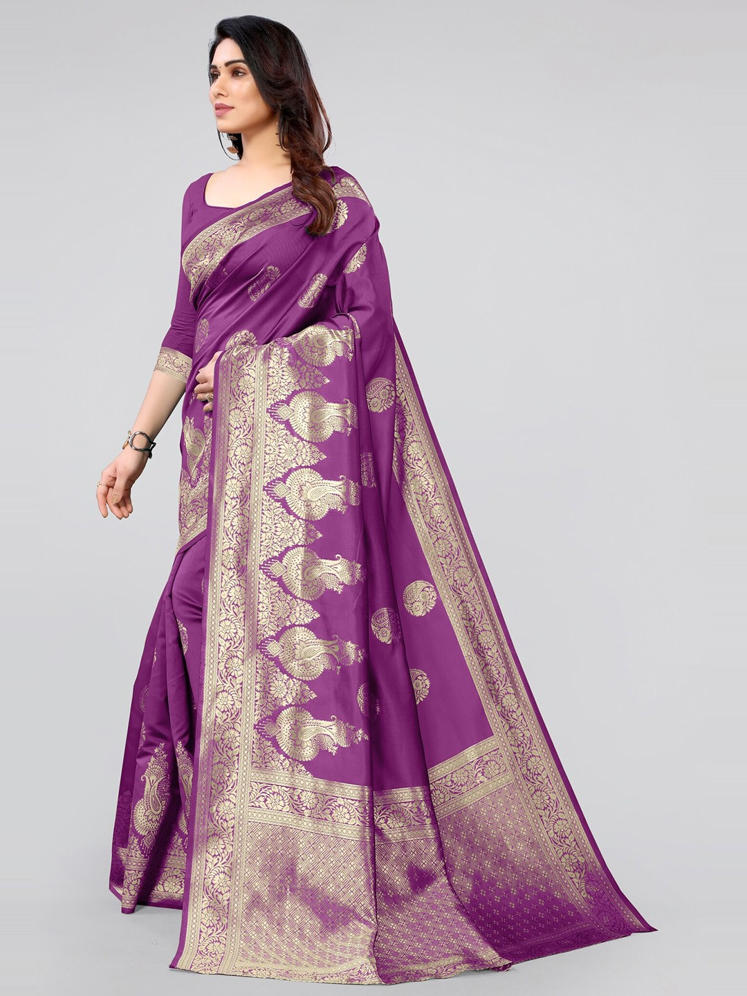 KALINI- Purple & Gold-Toned Woven Design Zari Silk Blend Banarasi Saree