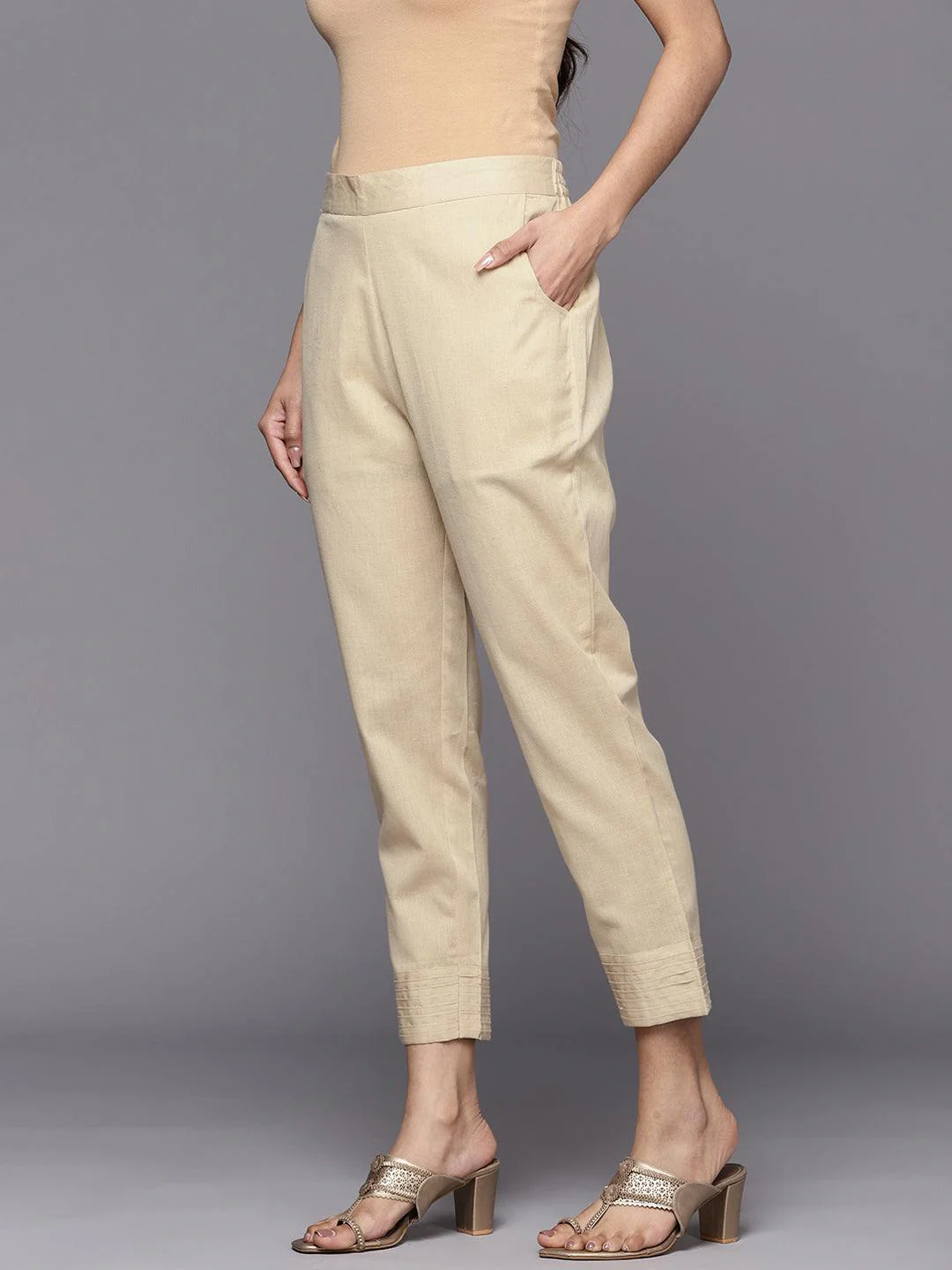 Beige Solid Cotton Trousers