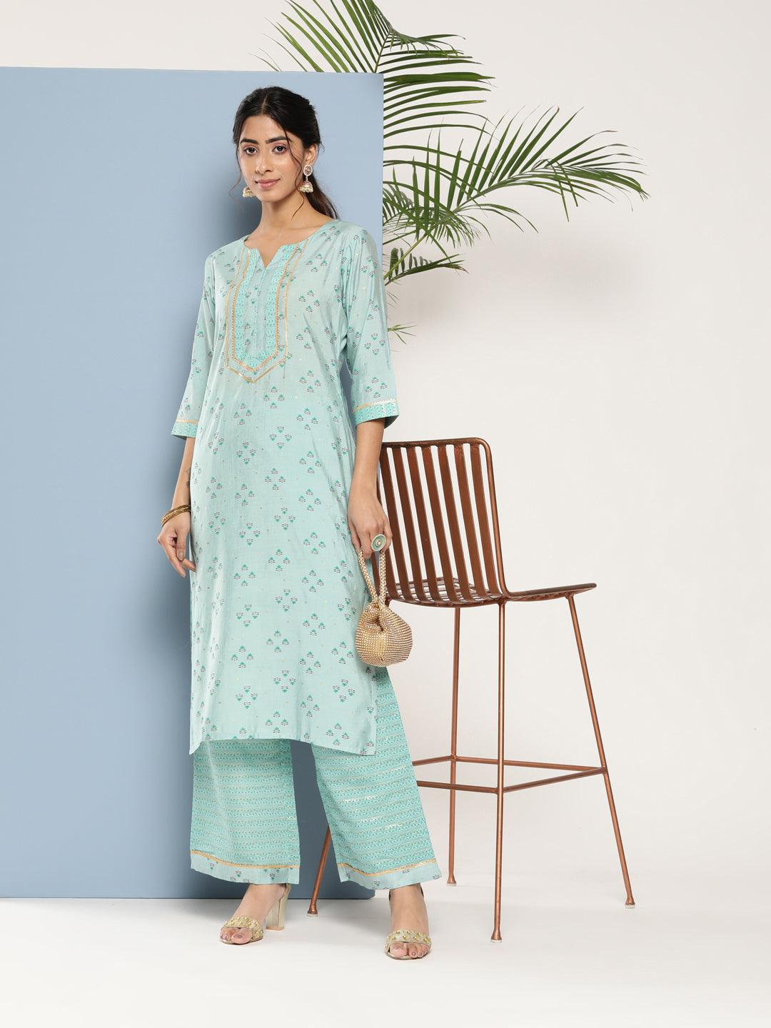 Blue Printed Silk Straight Kurta