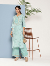 Blue Printed Silk Straight Kurta