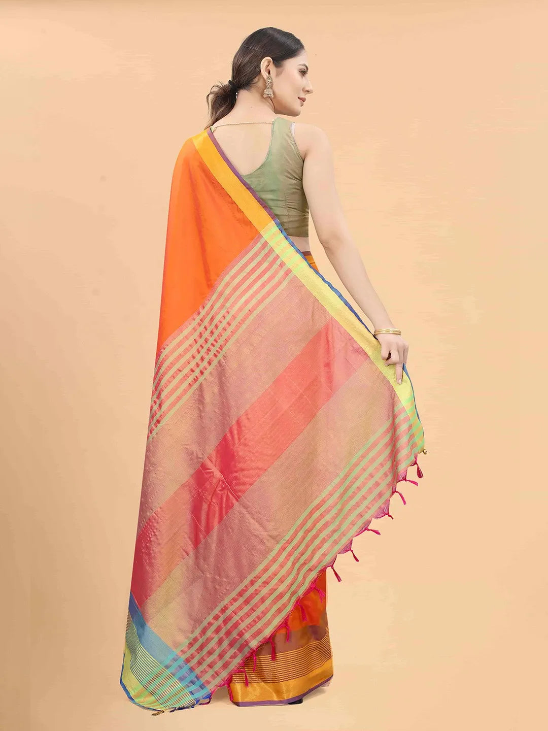 Silk Land - Orange & Blue Zari Art Silk Arani Saree