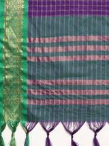 KALINI - Purple & Green Checked Zari Silk Cotton Saree