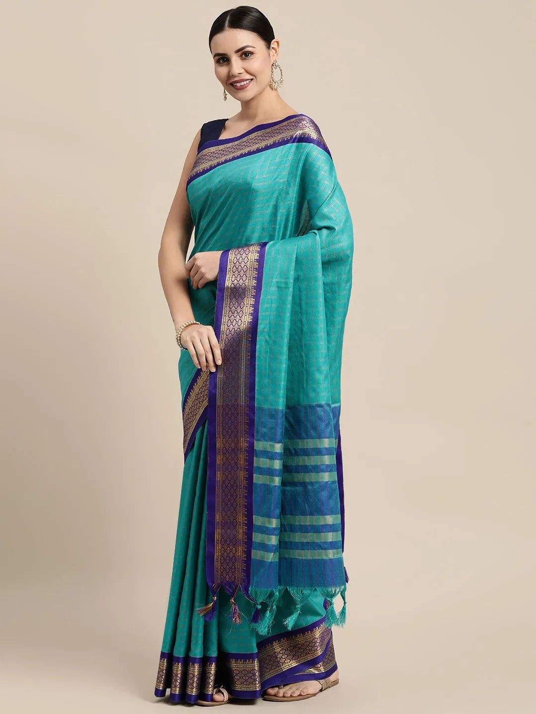 KALINI - Turquoise Blue & Gold-Toned Checked Zari Silk Cotton Saree