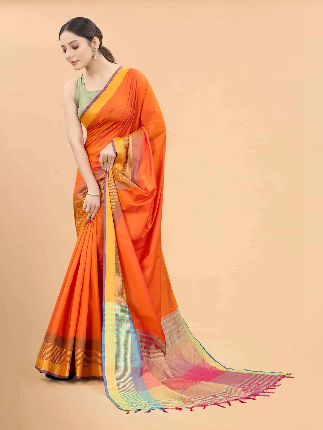 Silk Land - Orange & Blue Zari Art Silk Arani Saree