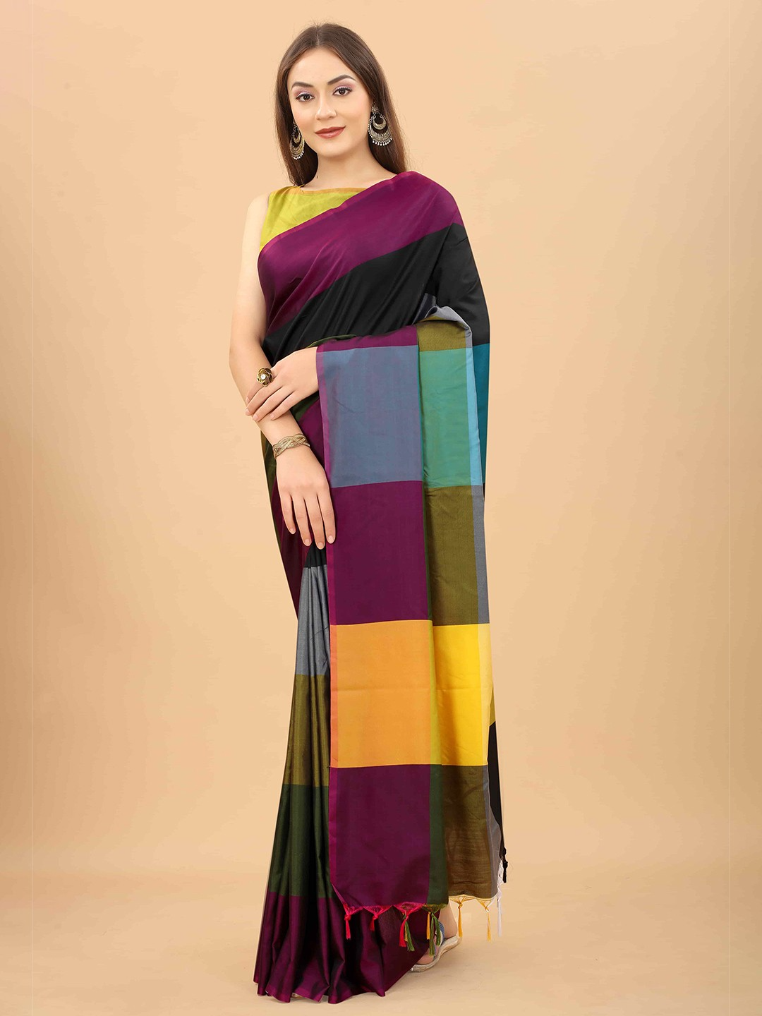 Silk Land - Purple & Yellow Colourblocked Art Silk Half and Half Uppada Saree