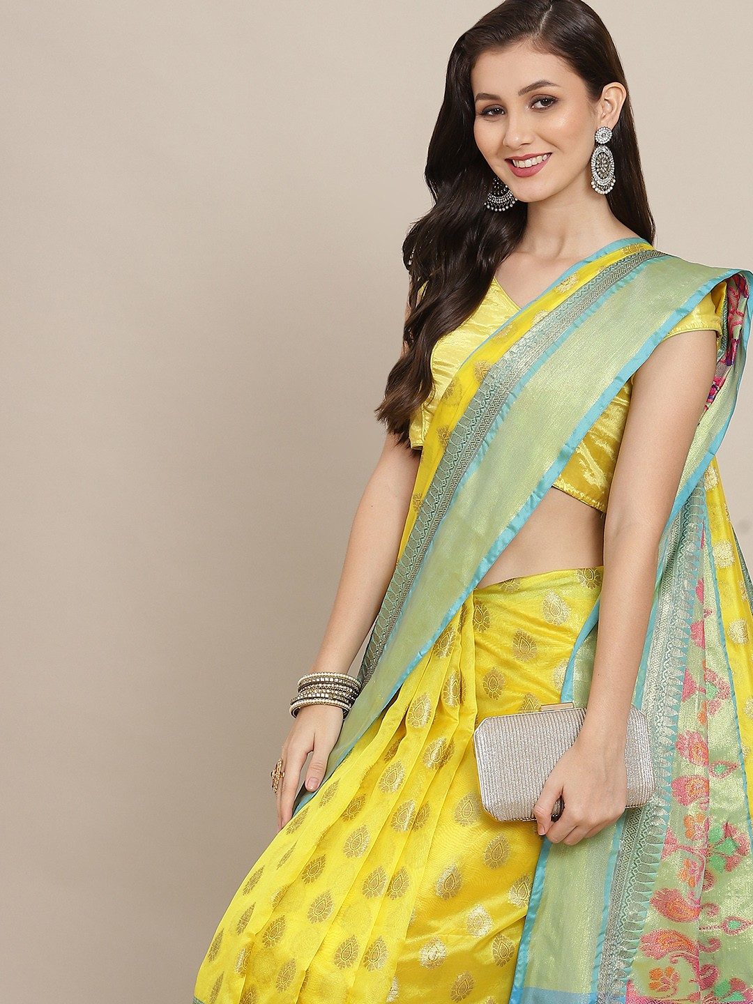 Silk Land - Yellow & Turquoise Blue Ethnic Motifs Zari Art Silk Banarasi Saree