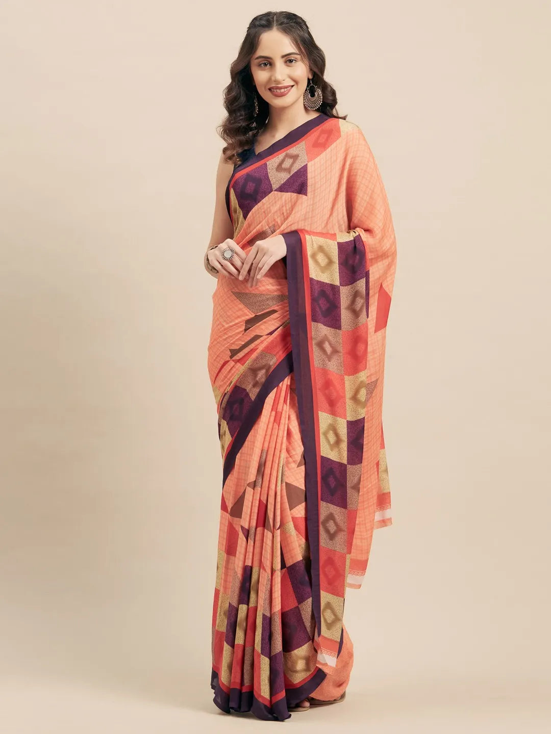 KALINI - Peach-Coloured & Purple Poly Georgette Printed Saree