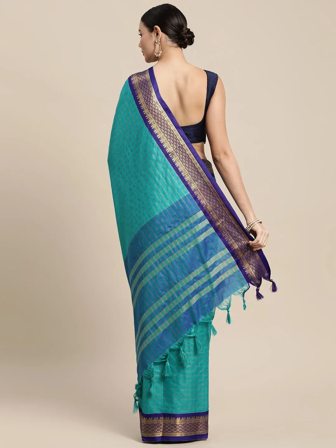 KALINI - Turquoise Blue & Gold-Toned Checked Zari Silk Cotton Saree