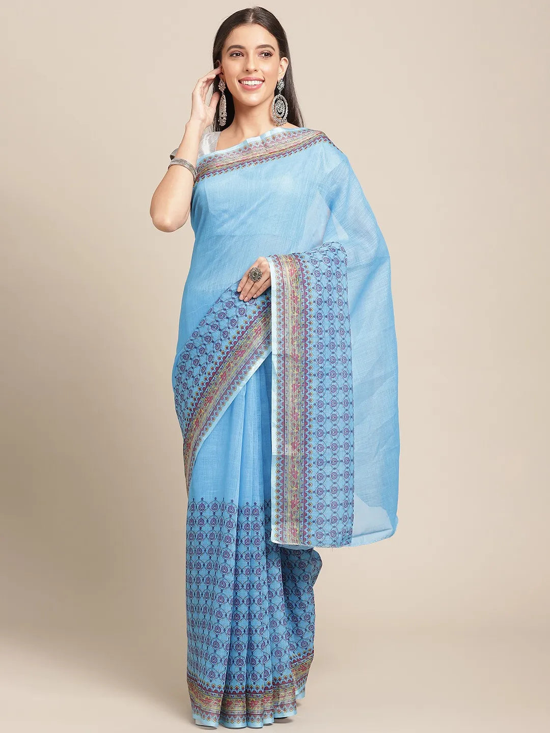 Anouk - Blue & Purple Solid Linen Blend Saree