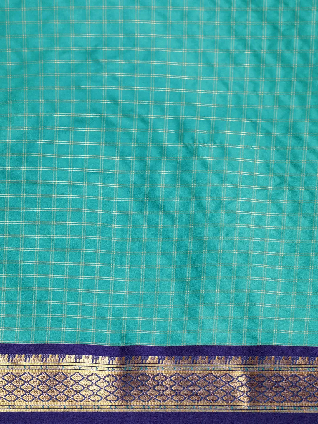 KALINI - Turquoise Blue & Gold-Toned Checked Zari Silk Cotton Saree